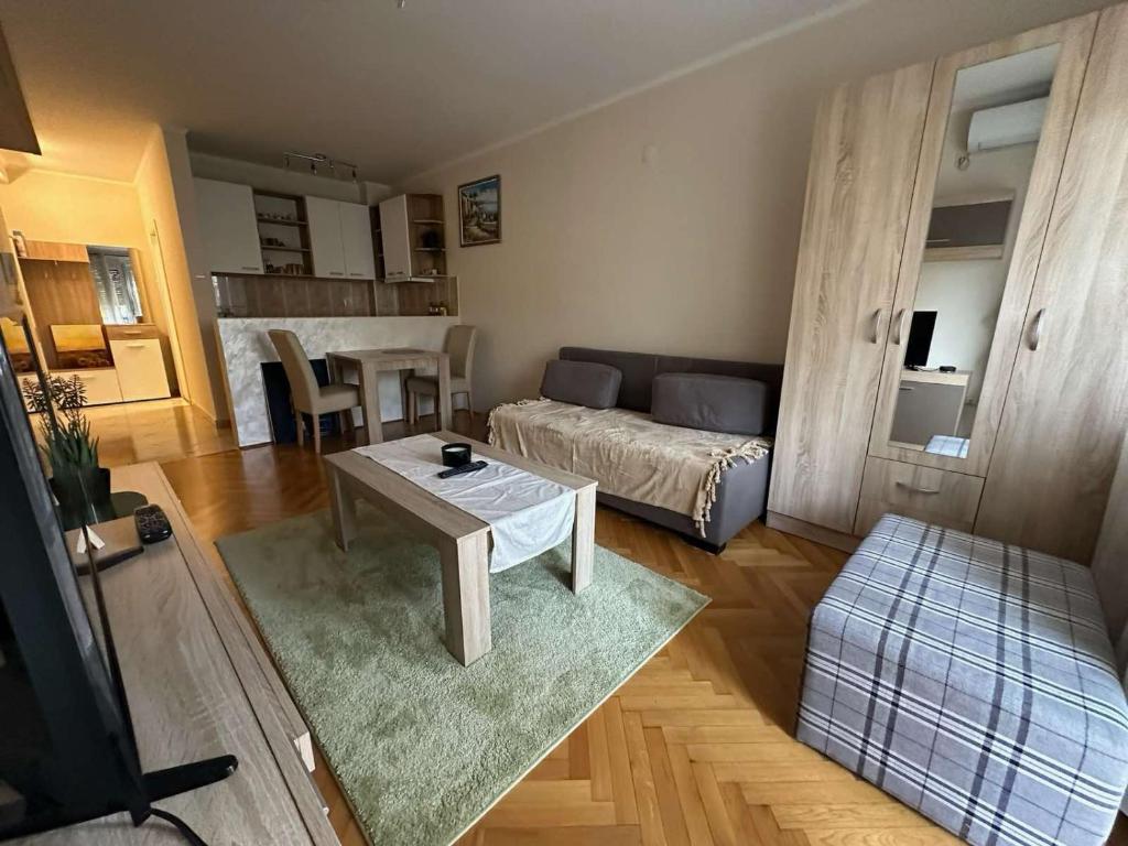 a living room with a couch and a table at Apartman Mir in Novi Sad