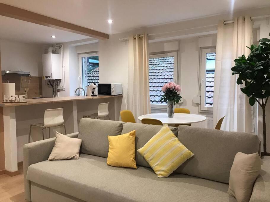 ein Wohnzimmer mit einem grauen Sofa und gelben Kissen in der Unterkunft Appartement entier 2 chambres longwy in Longwy