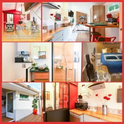 a collage of photos of a kitchen and a house at Paris-Zénith-bienvenue-terrasse-Netflix in Pantin