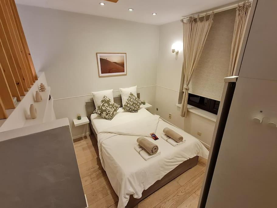1 dormitorio con 1 cama con 2 almohadas en Studio chaleureux & moderne, région bruxelloise, en Asse