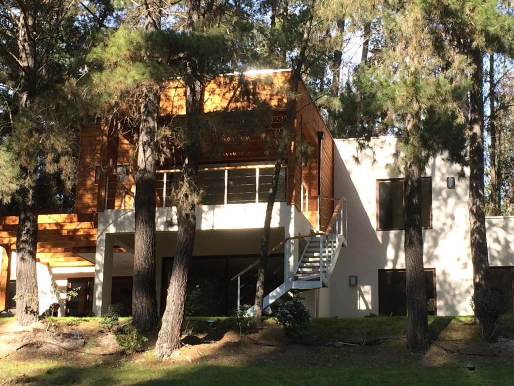 ein Haus mit einer Treppe inmitten von Bäumen in der Unterkunft House & Lake rapel in Las Cabras