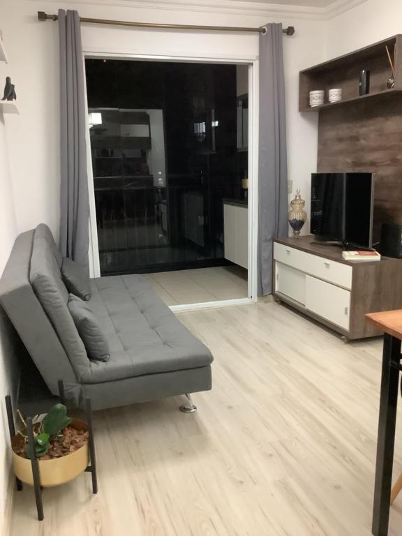 ein Wohnzimmer mit einem Sofa und einem TV in der Unterkunft Ap Girassol 77 in São Paulo