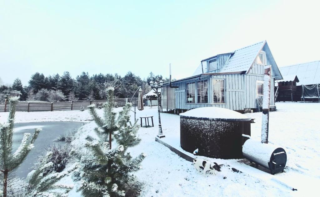 的住宿－DAGNA summer house，雪中的房子,有雪覆盖的院子