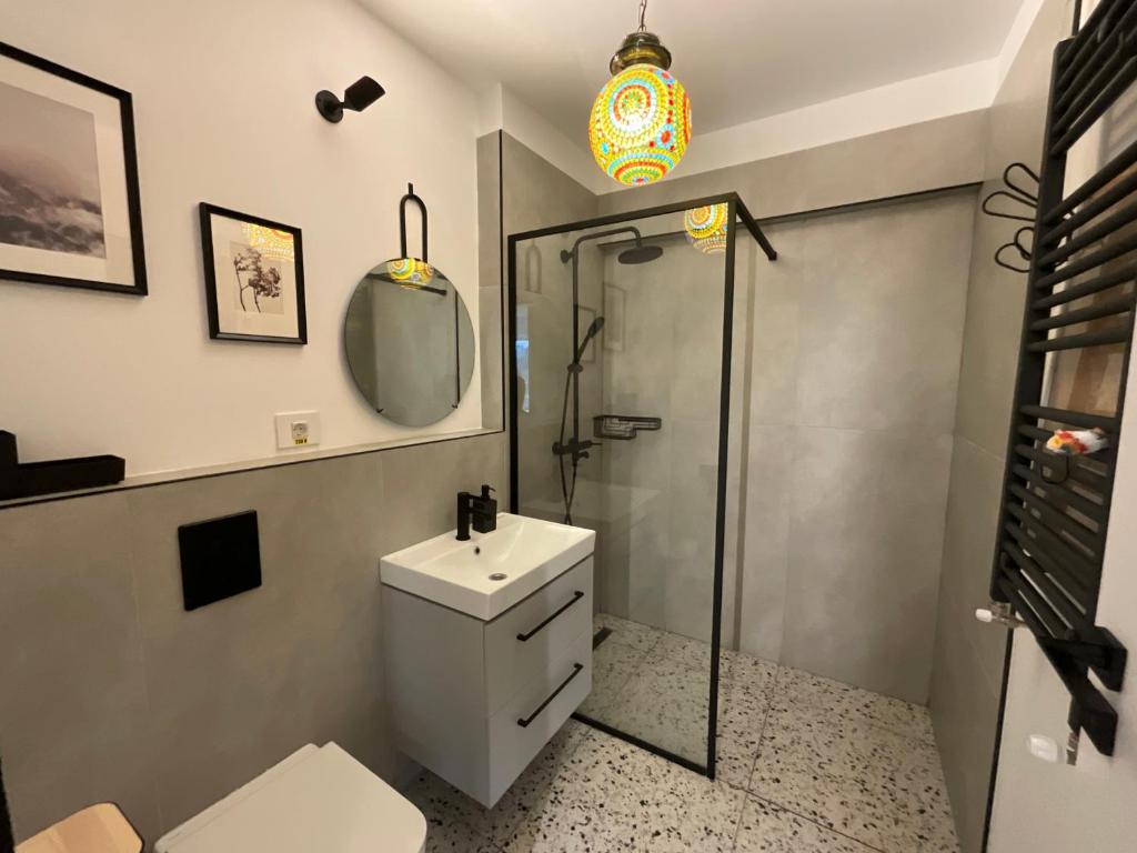 a bathroom with a shower and a toilet and a sink at OHDA APARTMENT in Sinaia