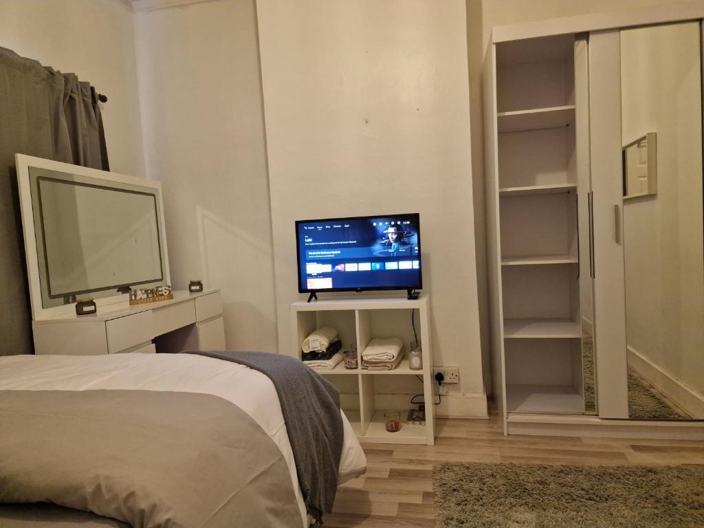 a bedroom with a flat screen tv and a bed at Spacious and homely one bedroom in London