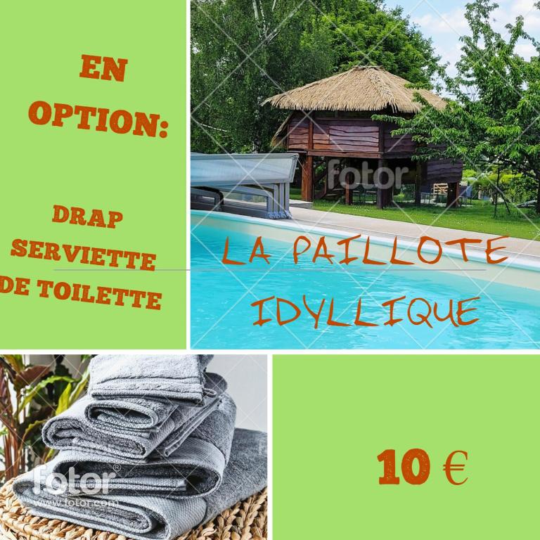 a collage of pictures of a resort with towels and a pool at La paillote idyllique in Faverolles-sur-Cher