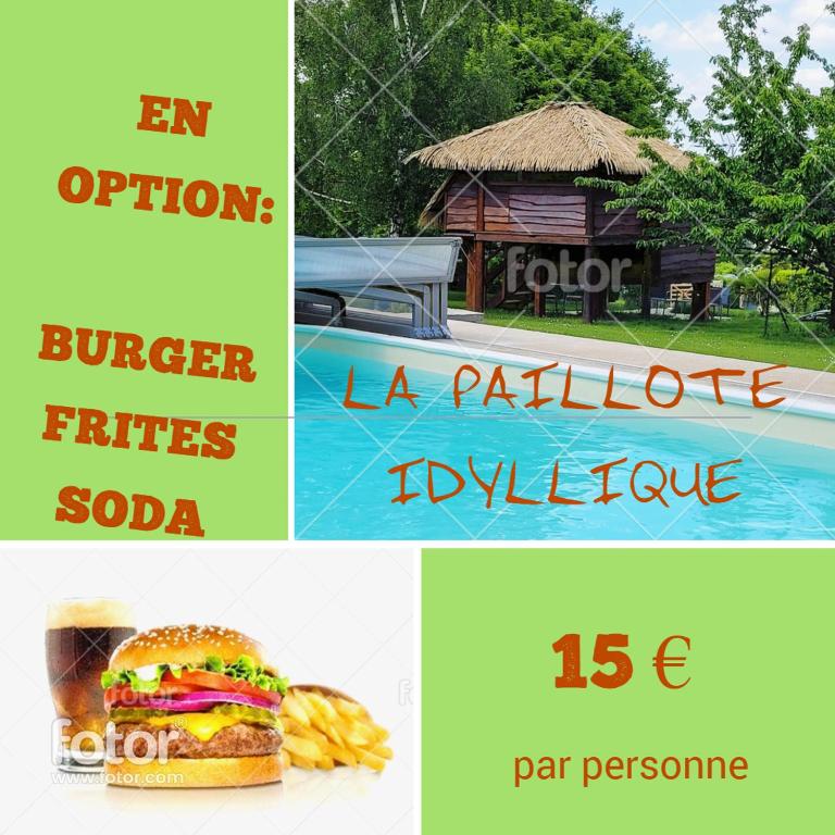 a collage of pictures of food and a restaurant at La paillote idyllique in Faverolles-sur-Cher