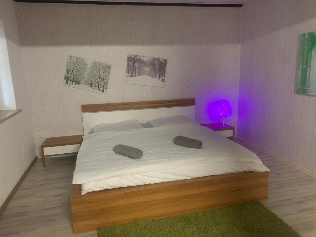 1 dormitorio con 1 cama con 2 almohadas en maryam, en Wittingen