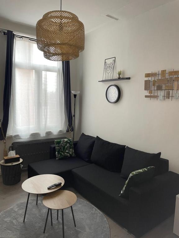 a living room with a black couch and a table at Chez Auguy et Deborah in Antwerp