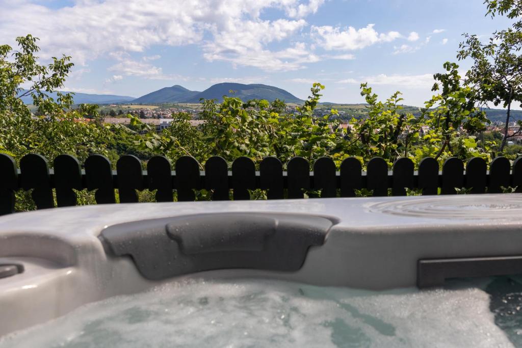 bañera de hidromasaje con vistas a un viñedo en EgerCottages - Rosé Cottage en Eger