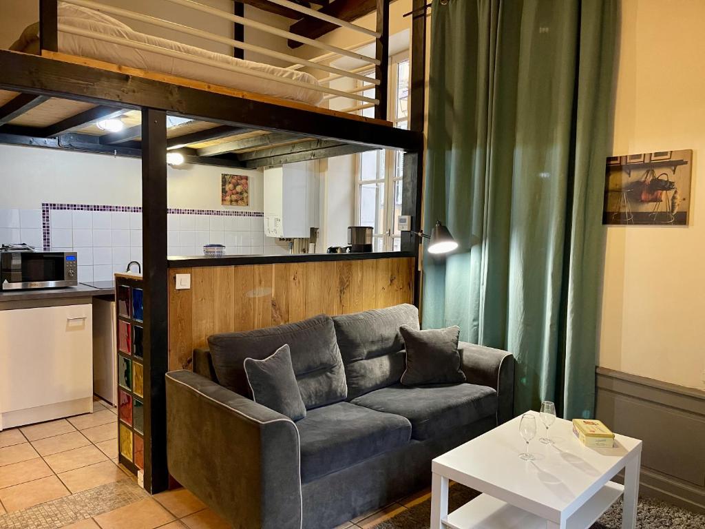 ein Wohnzimmer mit einem Sofa und einem Tisch in der Unterkunft Appartement Le Cadet Roussel Auxerre Les Quais in Auxerre