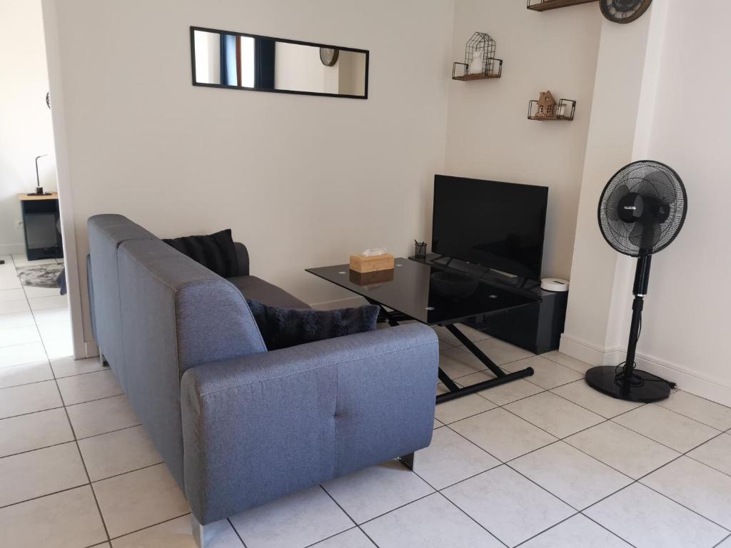 安锡Charmant appartement à 1 minute du lac的客厅里有一张蓝色沙发和一台电视