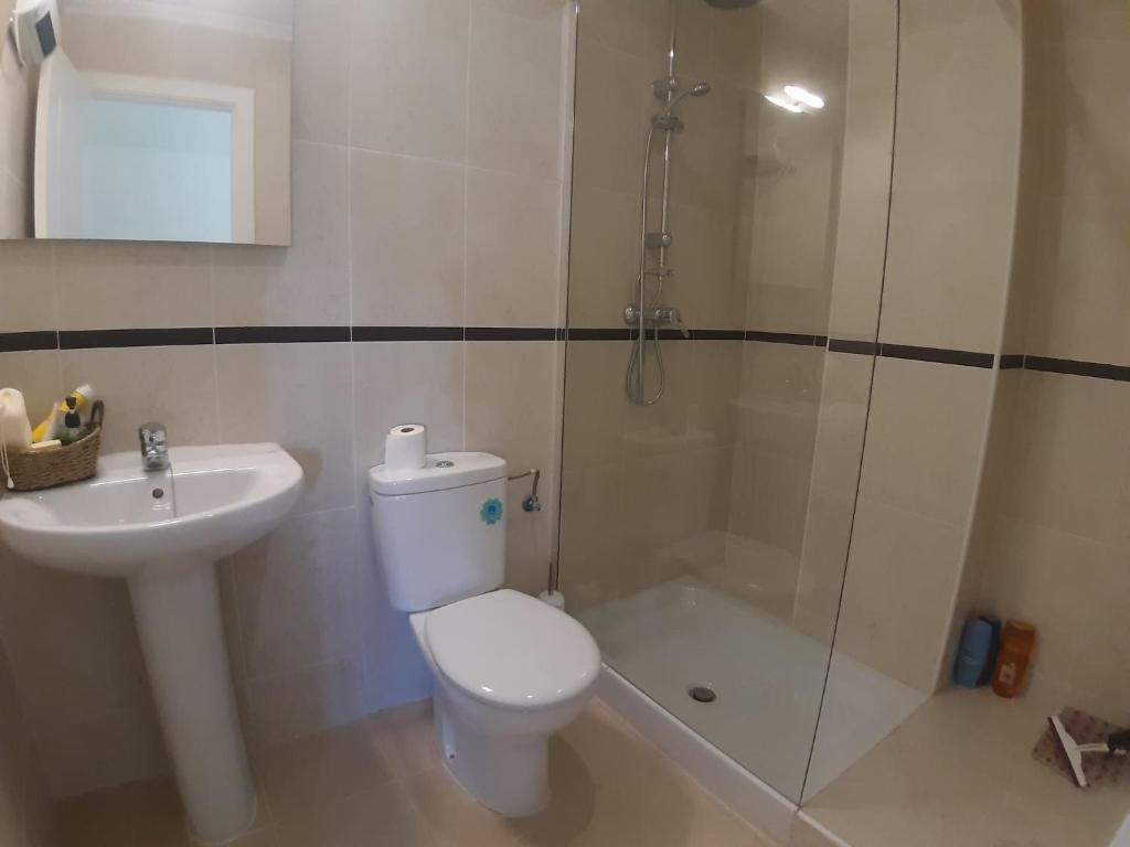 uma casa de banho com um chuveiro, um WC e um lavatório. em Ground floor Jardin D'alba Villamartin em Cabo Roig