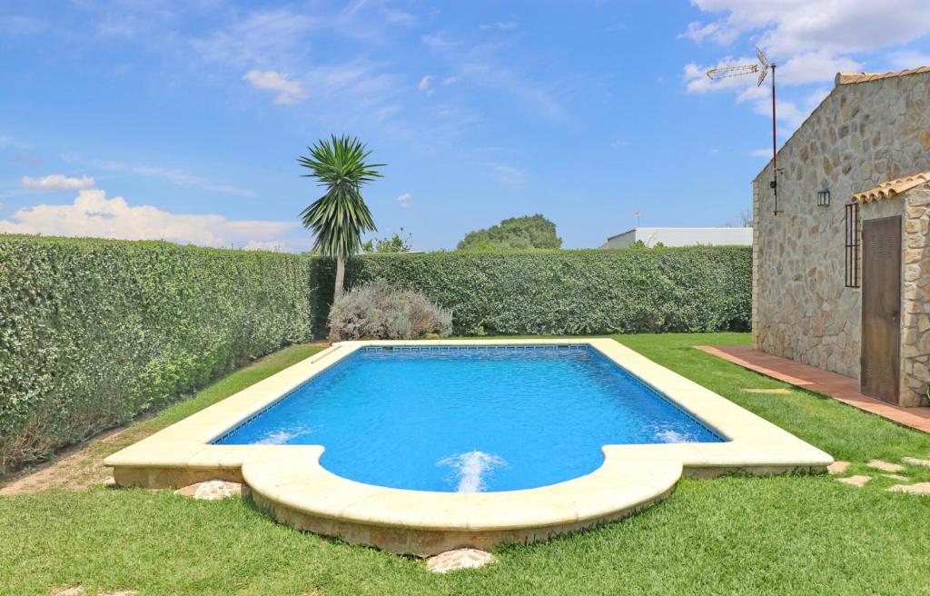 een zwembad in een tuin met een palmboom bij Chalet Piedra in Conil de la Frontera