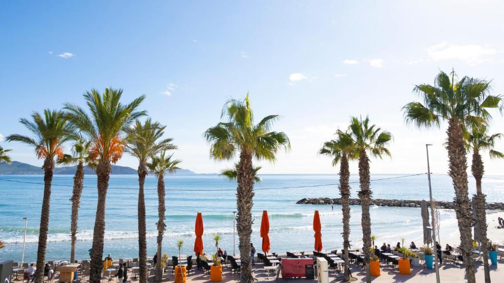 a beach with palm trees and the ocean at Hotel La Ciotat - A deux pas de l'eau in La Ciotat