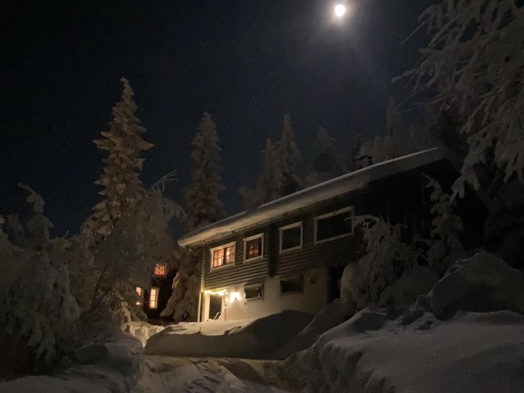 una casa cubierta de nieve por la noche con la luna en Kuusivilla 1, en Syöte