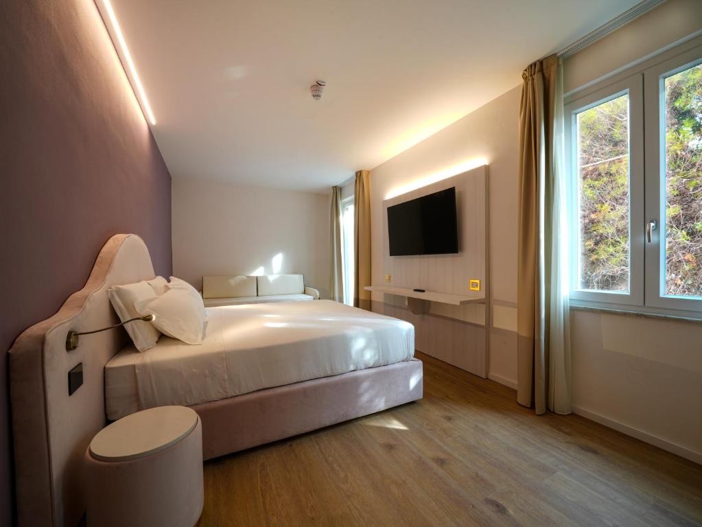 a bedroom with a large bed and a television at Castiglioncello Suite in Castiglioncello