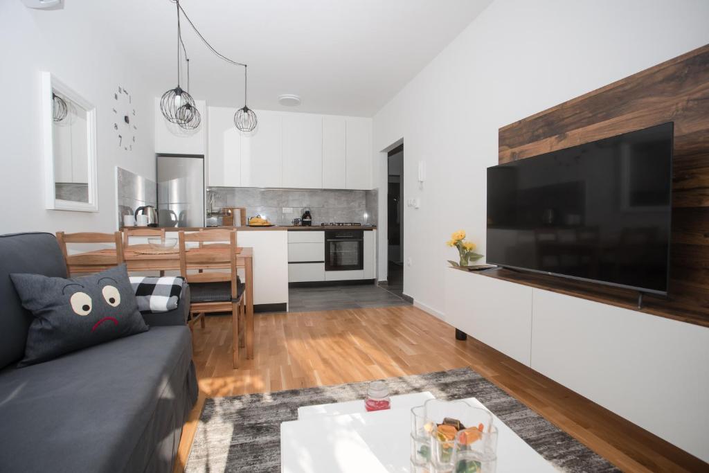 een woonkamer met een bank en een grote televisie bij Apartman Domagoj in Osijek
