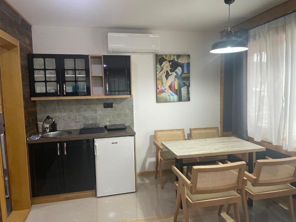 a kitchen and dining room with a table and chairs at Alexandar studio apartman in Mokra Gora