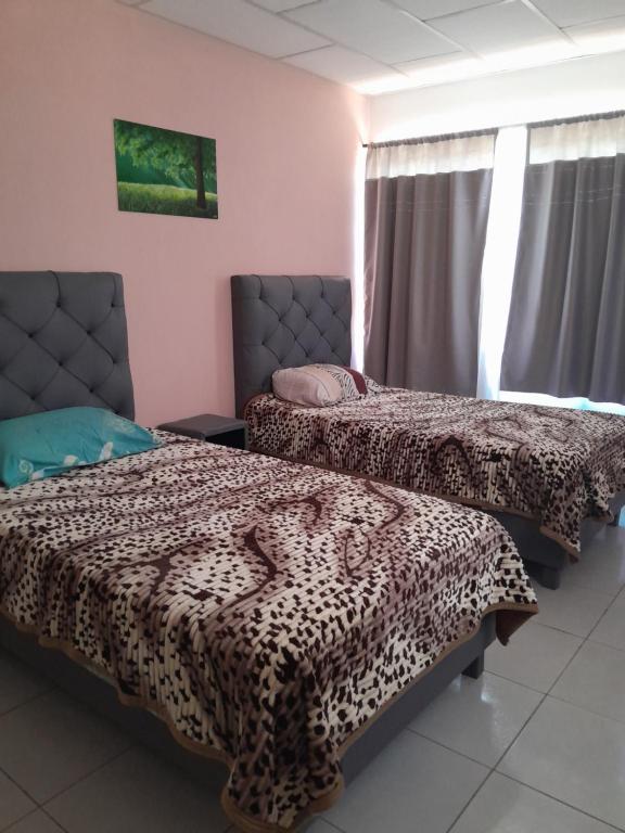 2 camas en una habitación con una cama con estampado de leopardo en departamento familiar, Tarija te espera!!, en Tarija