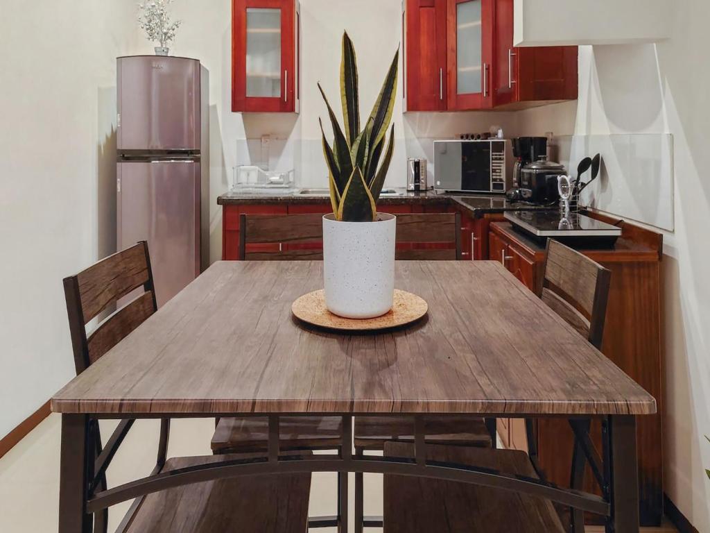 einem Holztisch mit einer Topfpflanze in der Küche in der Unterkunft Apartment Equipped With Excellent Location in Liberia