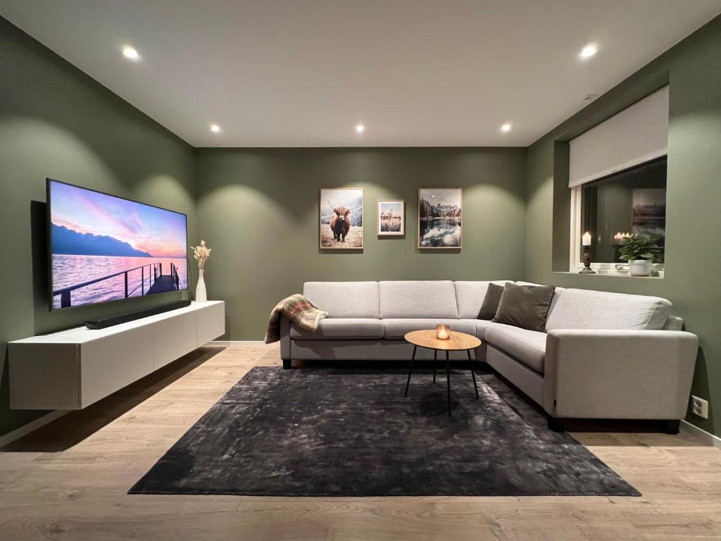 sala de estar con sofá y TV de pantalla plana en Apartment at the edge of the forest en Vestfossen