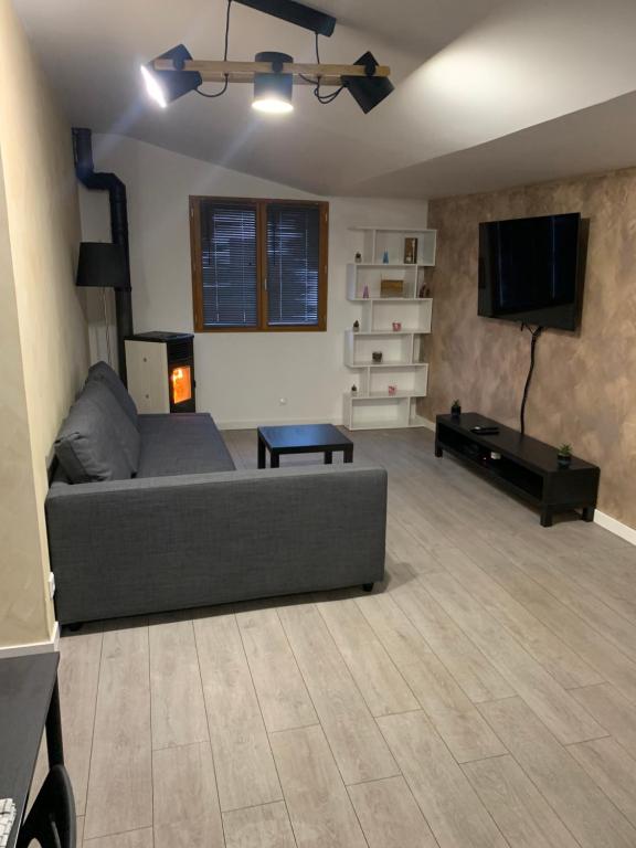 a living room with a couch and a tv at Appartement équipé pour 5 pers in Vénissieux