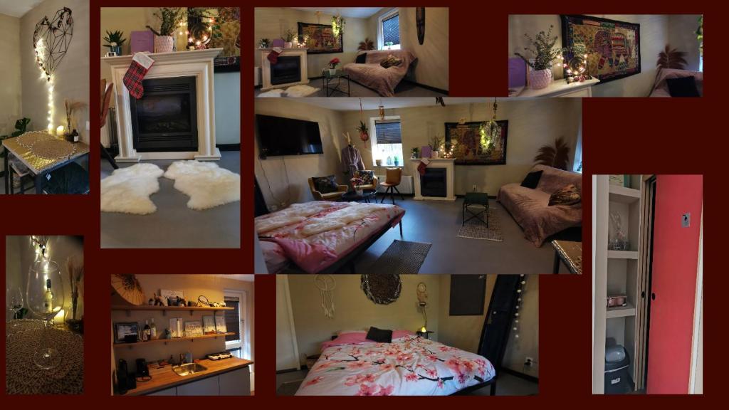 a collage of photos of a living room and a bedroom at Appartement YCW 'Papillon' in Rijnsaterwoude