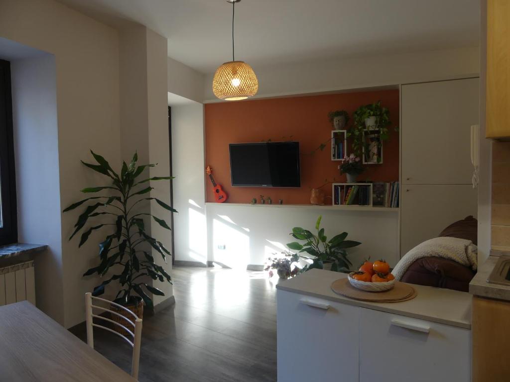 una cucina e un soggiorno con tavolo e pianta di L'alloggio in Piazza a Robilante