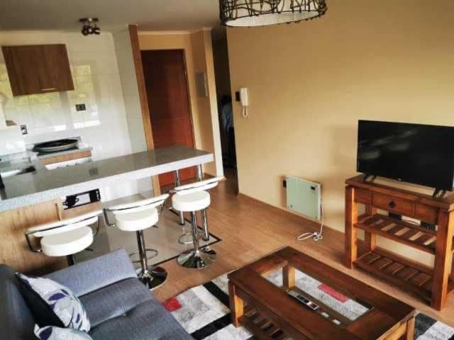 a living room with a couch and a kitchen with a counter at costanera playa villarrica in Villarrica