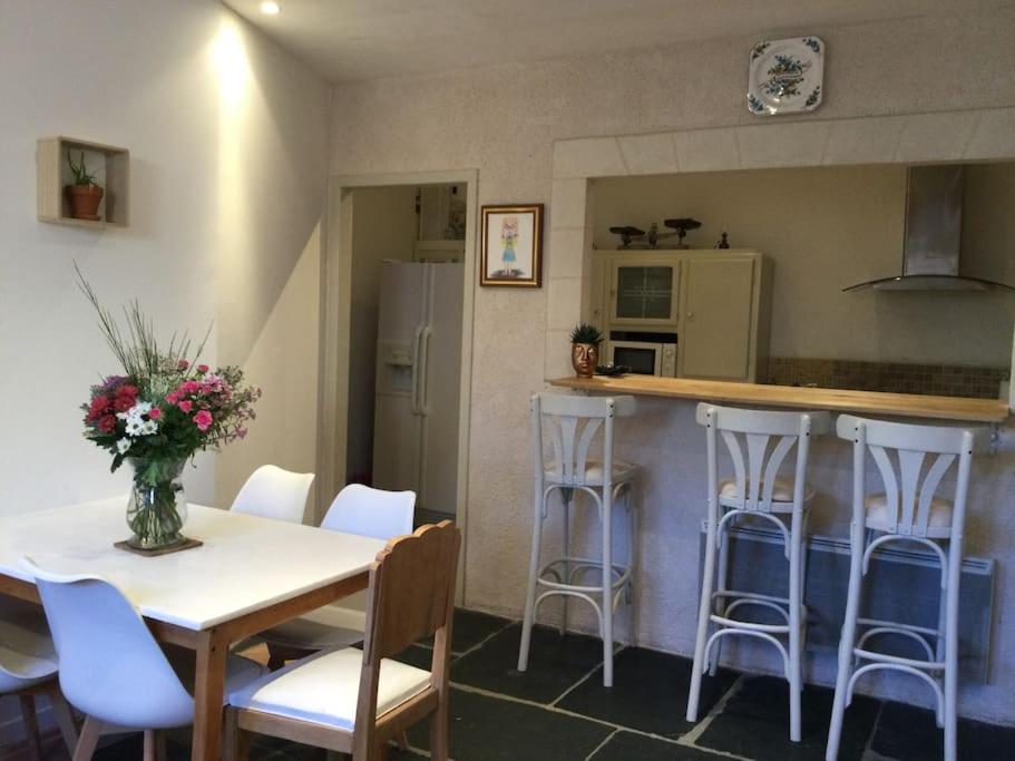 uma cozinha com mesa e cadeiras e um balcão em Gite Centre proche zoo (4km) et circuit 24h (35km) em La Flèche