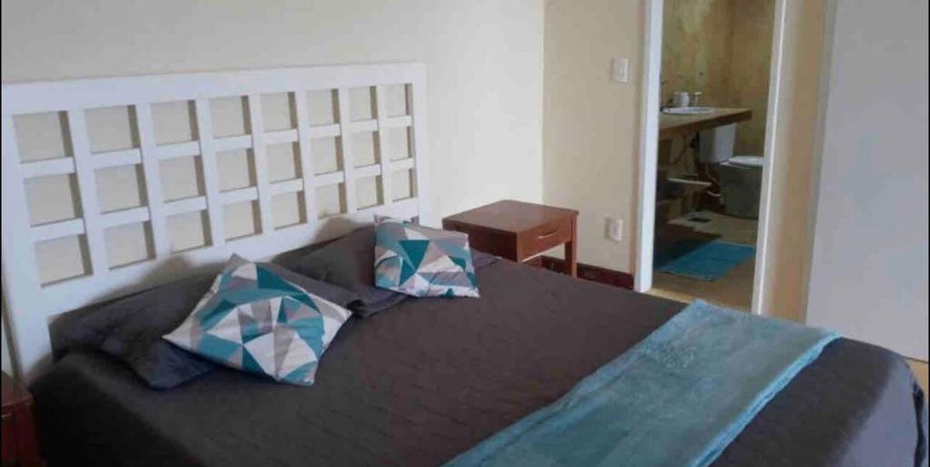 ein Schlafzimmer mit einem großen Bett mit Kissen darauf in der Unterkunft Pousada da Chris in Maxaranguape