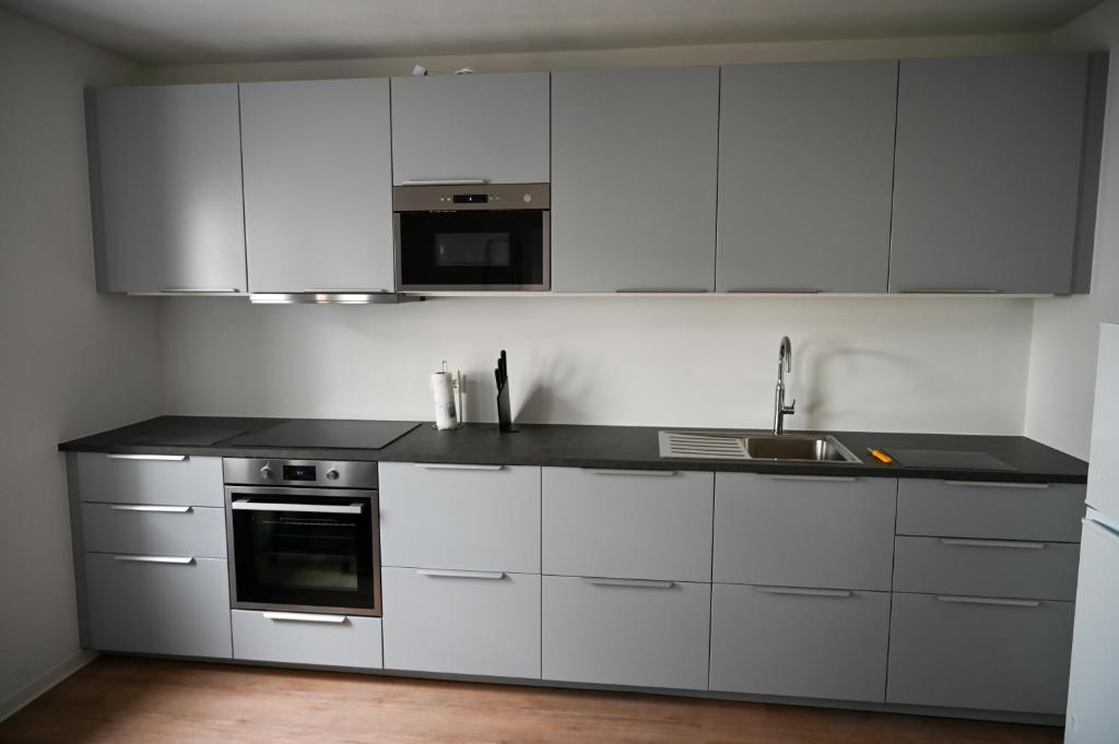 a kitchen with white cabinets and a sink at bee Apartment 10 Betten für Gruppen & Monteure PS5 in Fellingshausen