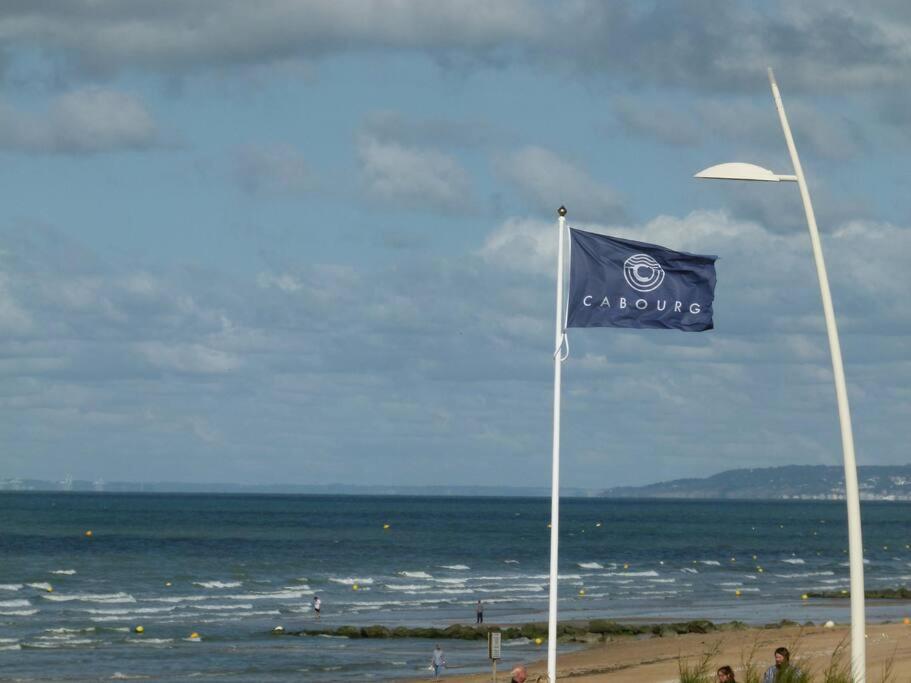 un drapeau bleu sur un pôle de la plage dans l'établissement appartement accès direct mer classé 3*, à Cabourg