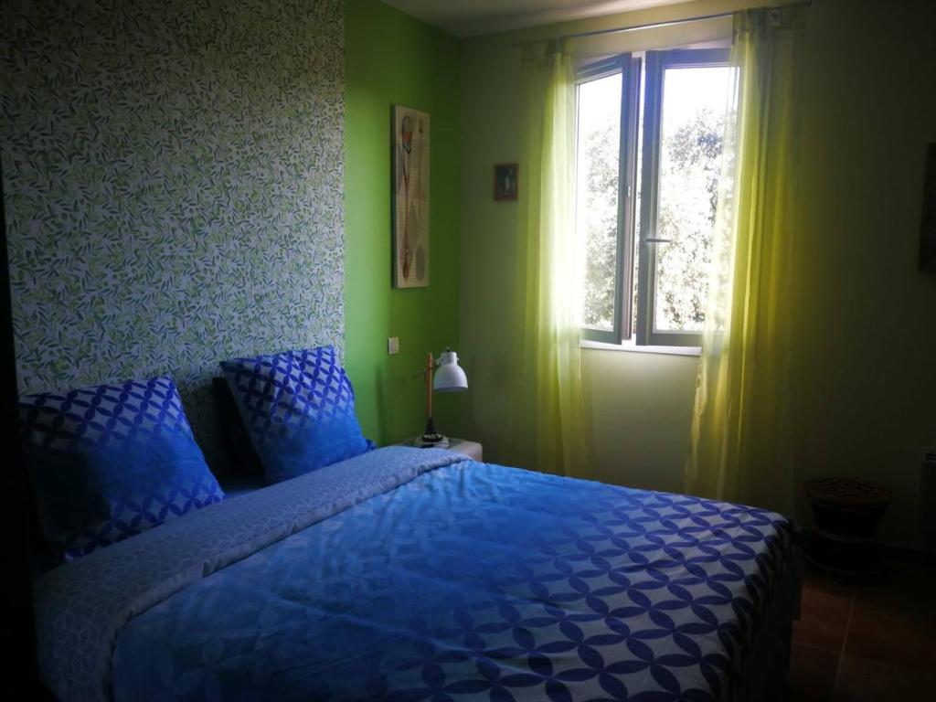 een slaapkamer met een blauw bed en een raam bij Chambre Cosy in Nîmes