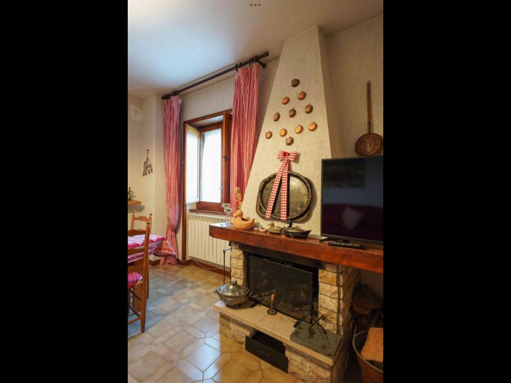 sala de estar con chimenea y TV en Cottage love Rivisondoli by FH, en Rivisondoli