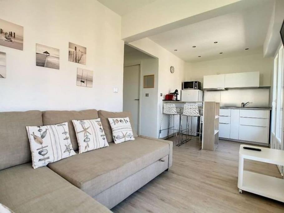 uma sala de estar com um sofá e uma cozinha em Appt lumineux avec terrasse cœur de ville 35 m² em Saint-Raphaël