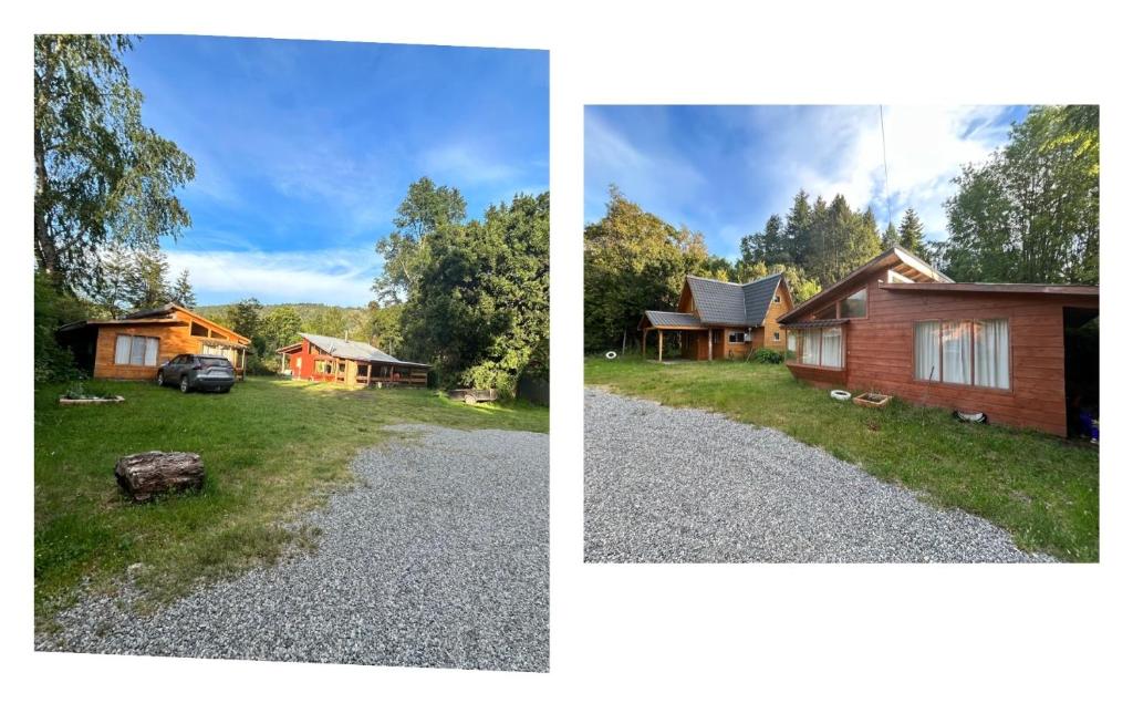dos fotos de una cabaña y una casa en Cabañas El Boldo, en Licán Ray