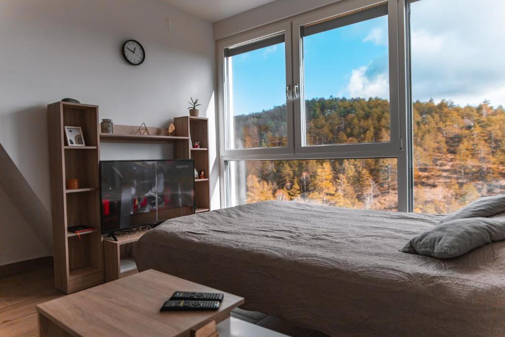 - une chambre avec un lit et une grande fenêtre dans l'établissement Apartmani Jezero Divčibare, à Divčibare
