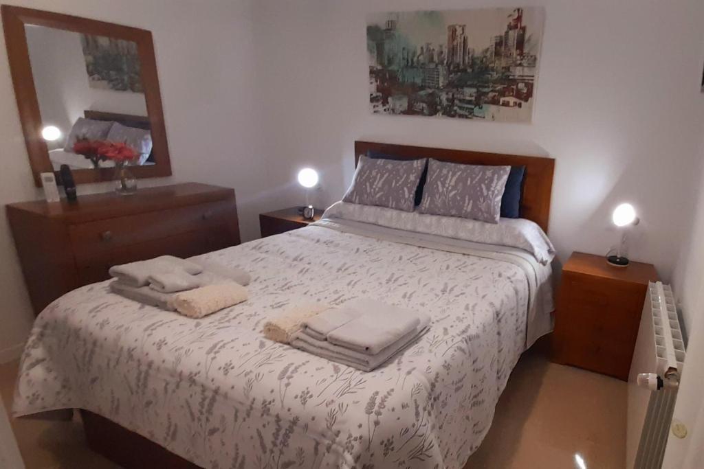 ein Schlafzimmer mit einem Bett mit zwei Handtüchern darauf in der Unterkunft Armonía y Tranquilidad 2 in Albacete