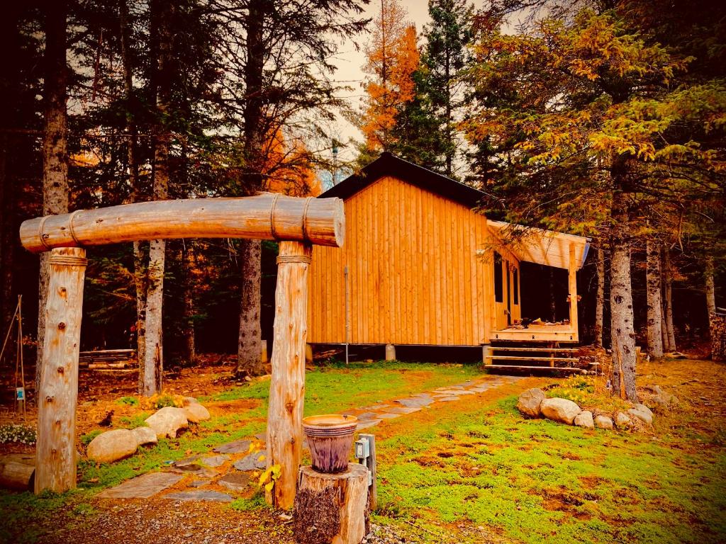 a log cabin in the middle of a yard at Chalet Le Madison Refuge nordique et ciel étoilé au pied du Mont-Mégantic in La Patrie
