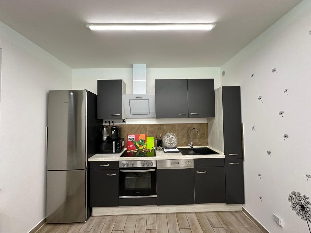 a kitchen with black cabinets and a stainless steel refrigerator at Modern Apartments Neuburg 5 - TOP NEU - 3 Zimmer, Komfort, Zentrum, Wi-Fi, Smart TV, Garage, Küche in Neuburg an der Donau
