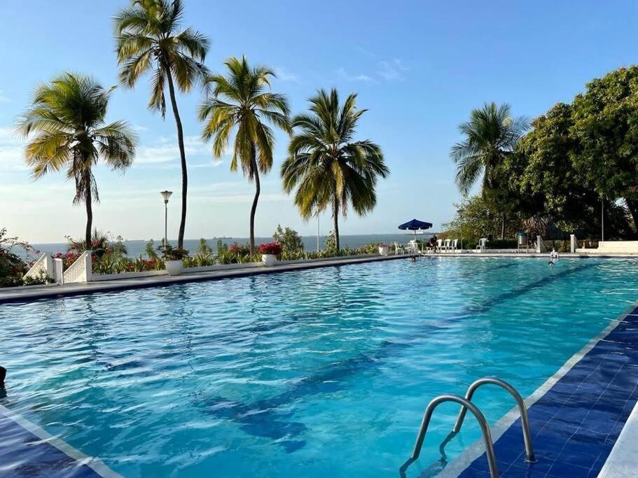a large swimming pool with palm trees in the background at Perla Santa - Luxury Condo in Santa Marta