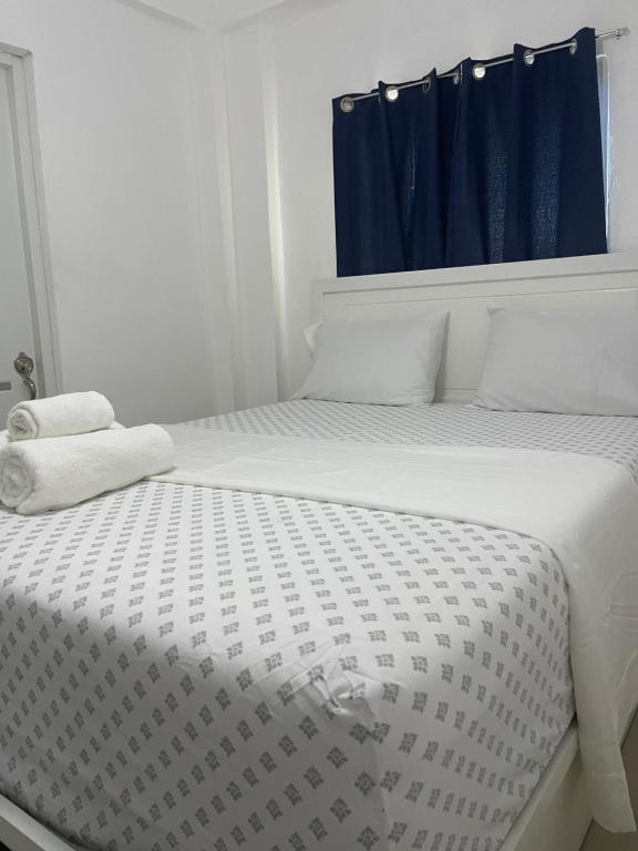 een slaapkamer met een groot bed en een blauw gordijn bij Plataview Apartahotel apt 3C in Monte Plata