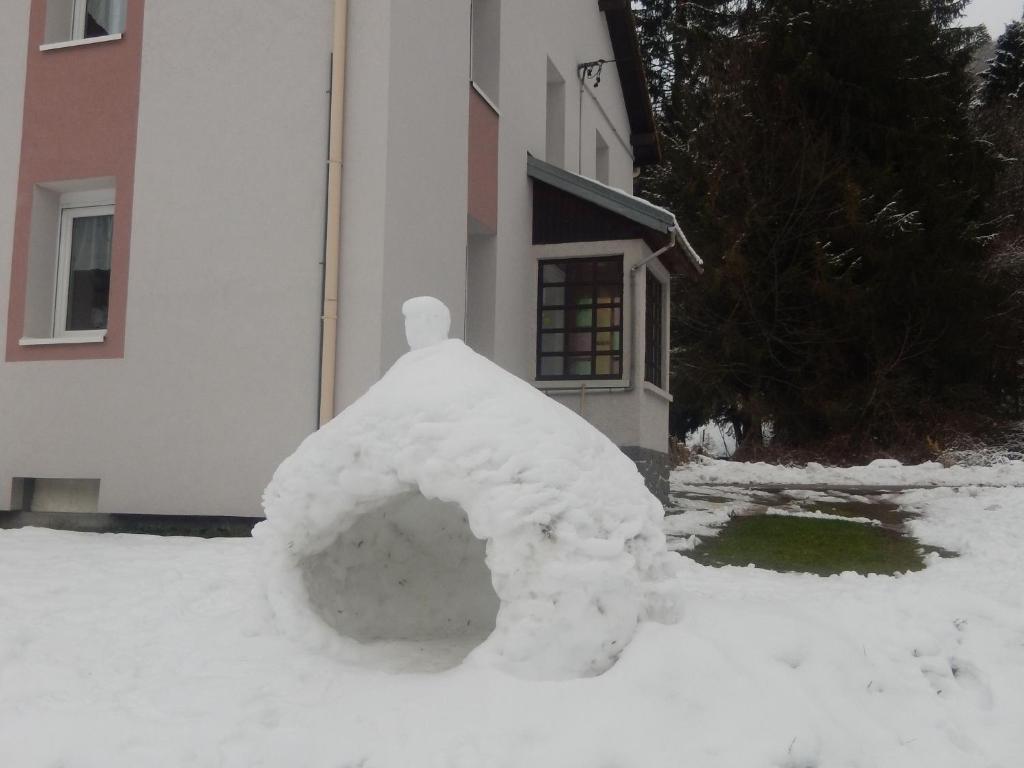 um monte de neve em frente a um edifício em Gîte Cornimont, 3 pièces, 5 personnes - FR-1-589-70 em Cornimont