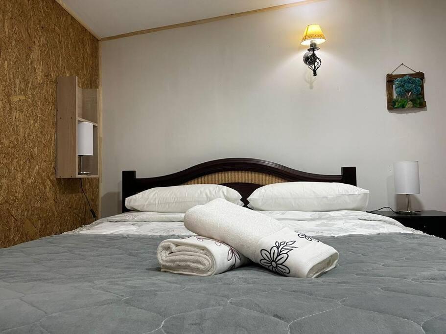 Un dormitorio con una cama con dos toallas encima. en Casa Rústica Yemel Aike, en Coyhaique