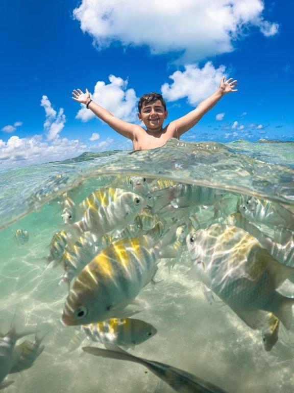 a man is swimming in the water with fish at Sol do Caribe Suítes in Maragogi