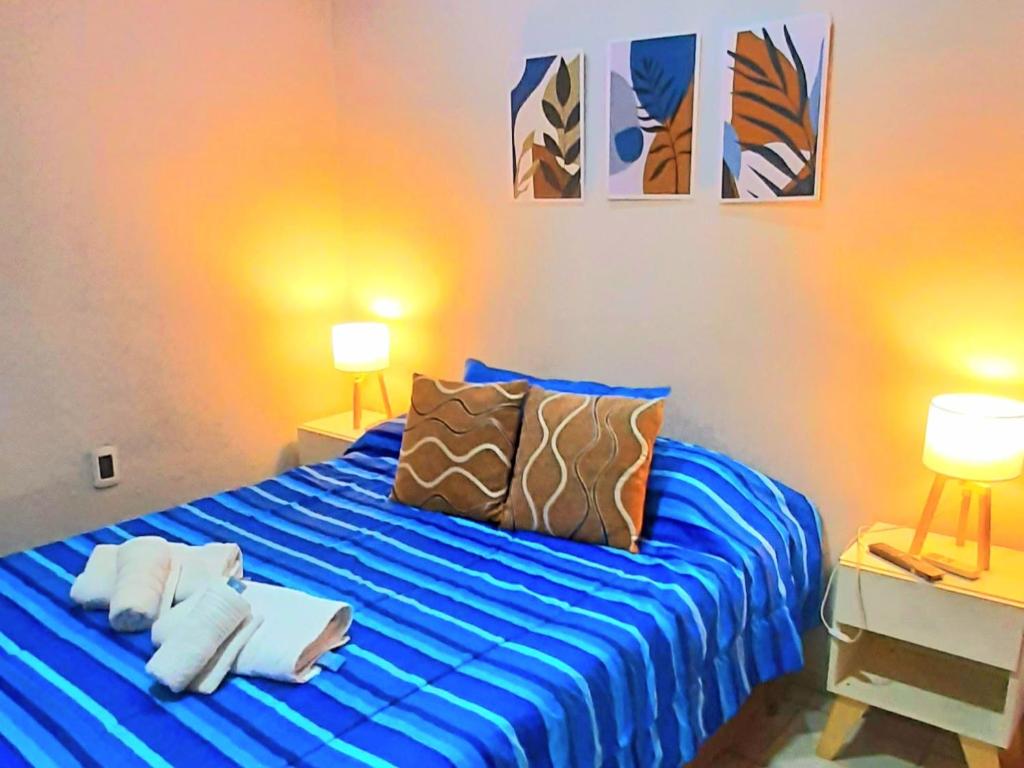 um quarto com uma cama azul com almofadas e 2 candeeiros em APART CENTRO RIOJA, Zona Residencial, Parking privado gratis a 100 mts em Mendoza