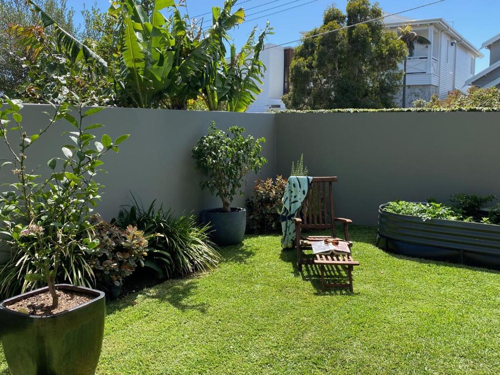ogród z ławką i roślinami w obiekcie Seaside Escape w mieście Sydney