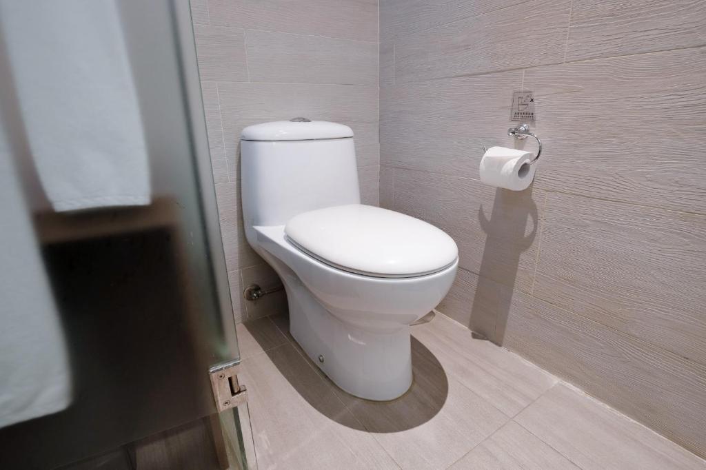 a bathroom with a toilet and a roll of toilet paper at CHECK inn Taipei Xinyi in Taipei